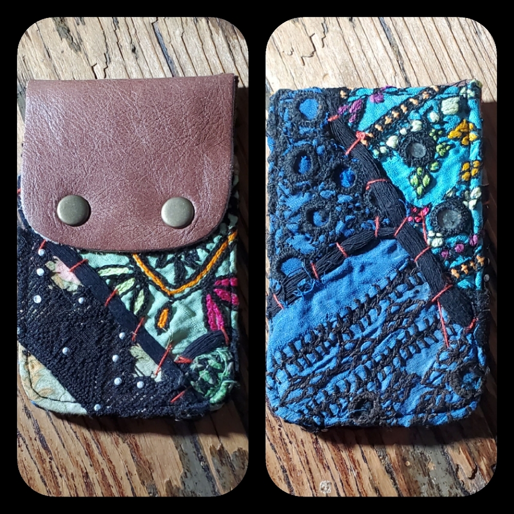 🥂🕺 Free People Boho Embroidered Repurposed vtg banjara hippie Wallet card case
